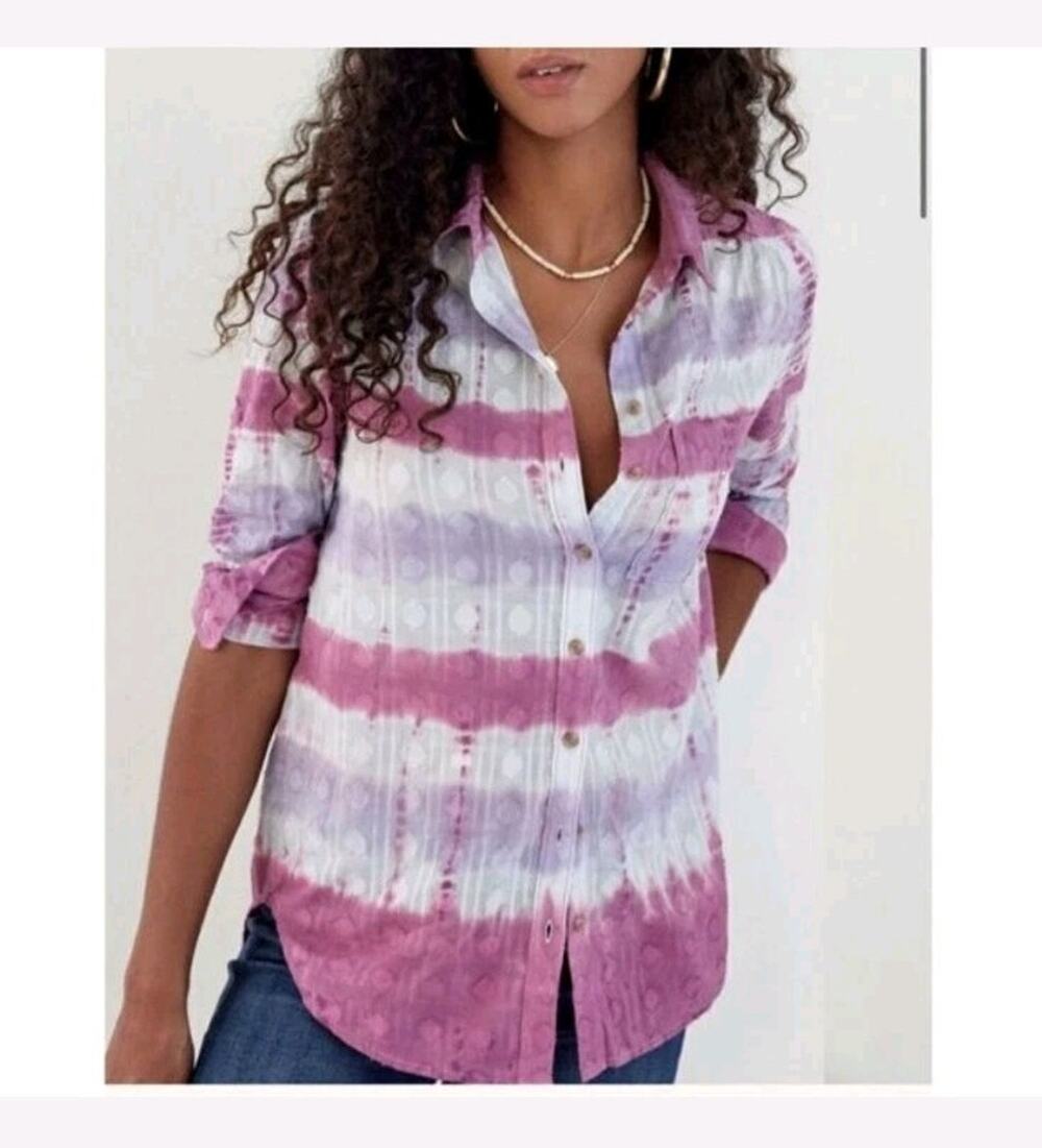 Pilcro Anthropologie Pink Tie Dye Button Up Shirt Textured Boho Women's Large